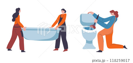 Two plumbers installing a bathtub Two plumbers installing a bathtub 118259017