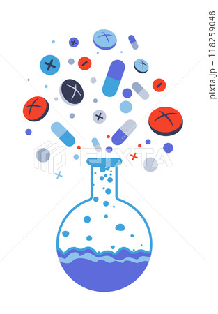 Laboratory flask with pills floating 118259048