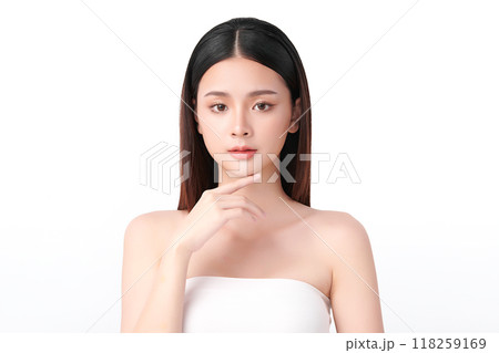 Beautiful young asian woman with clean fresh skin on white background, Face care, Facial treatment, Cosmetology, beauty and spa, Asian women portrait. 118259169