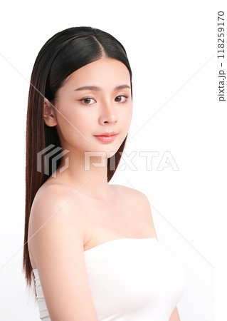Beautiful young asian woman with clean fresh skin on white background, Face care, Facial treatment, Cosmetology, beauty and spa, Asian women portrait. Beautiful young asian woman with clean fresh skin on white background, Face care, Facial treatment, Cosmetology, beauty and spa, Asian women portrait. 118259170