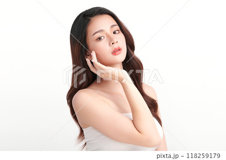 Beautiful young asian woman with clean fresh skin on white background, Face care, Facial treatment, Cosmetology, beauty and spa, Asian women portrait. Beautiful young asian woman with clean fresh skin on white background, Face care, Facial treatment, Cosmetology, beauty and spa, Asian women portrait. 118259179