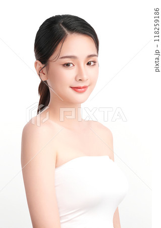 Beautiful young asian woman with clean fresh skin on white background, Face care, Facial treatment, Cosmetology, beauty and spa, Asian women portrait. 118259186