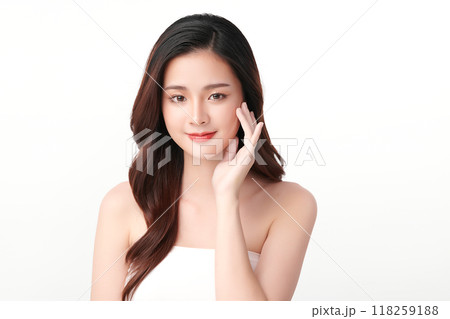 Beautiful young asian woman with clean fresh skin on white background, Face care, Facial treatment, Cosmetology, beauty and spa, Asian women portrait. Beautiful young asian woman with clean fresh skin on white background, Face care, Facial treatment, Cosmetology, beauty and spa, Asian women portrait. 118259188