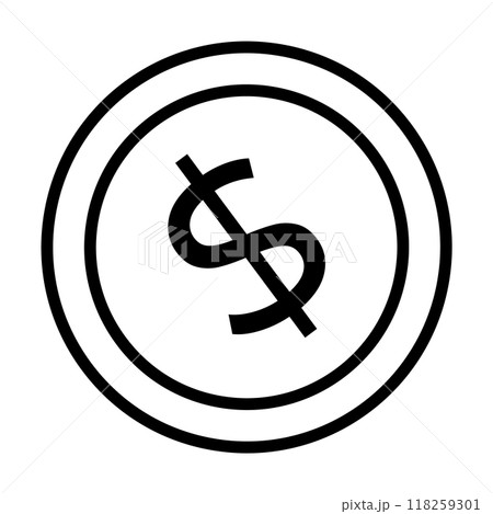 Simple black and white dollar symbol inside a circle. Ideal for finance, currency, economics, banking, investment. Clean vector design for versatile use. Monochrome style. 118259301