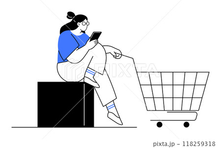 Woman sits on a black box, looking at her smartphone, with one leg resting on a shopping cart. Ideal for online shopping, mobile apps, e-commerce, modern lifestyle, digital marketing. Minimalistic sty 118259318
