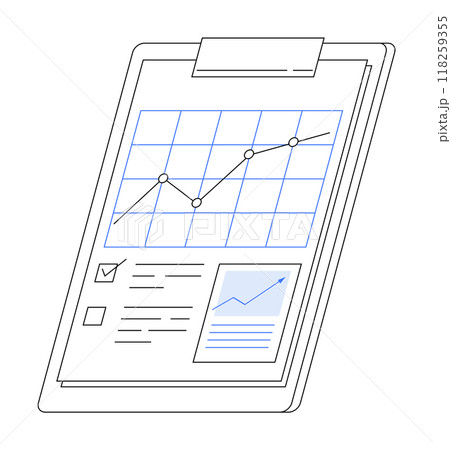 Clipboard showing a line graph with upward trend, checkmark, and document elements. Ideal for data analysis, business growth, performance tracking, statistics, and reports. Simple minimalistic style. 118259355