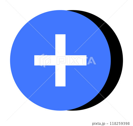 Blue circle with a white plus sign atop a black shadow. Ideal for healthcare, medical, add, first aid, or pharmacy themes. Simple design style. Blue circle with a white plus sign atop a black shadow. Ideal for healthcare, medical, add, first aid, or pharmacy themes. Simple design style. 118259398