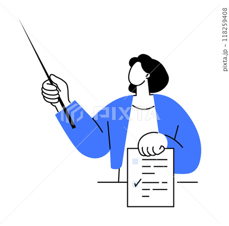 Person pointing with stick, holding checklist document. Ideal for education, training, presentation, instruction, office. Minimalist modern style. Person pointing with stick, holding checklist document. Ideal for education, training, presentation, instruction, office. Minimalist modern style. 118259408