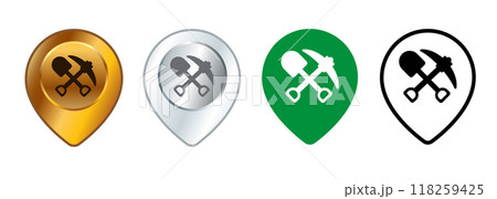 Mining location miner place map location pinpoint mine zone digging pickaxe shovel icon logo design set location 118259425