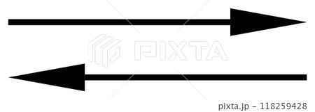 Two horizontal black arrows, one pointing right and the other left. Ideal for themes contrast, divergence, direction, opposition, simplicity. Minimalist graphic style. 118259428