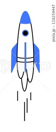 A blue and white rocket with an exhaust trail is launching upwards. Ideal for space exploration, innovation, startup growth, technology, futuristic themes. Minimalist cartoon style. 118259447