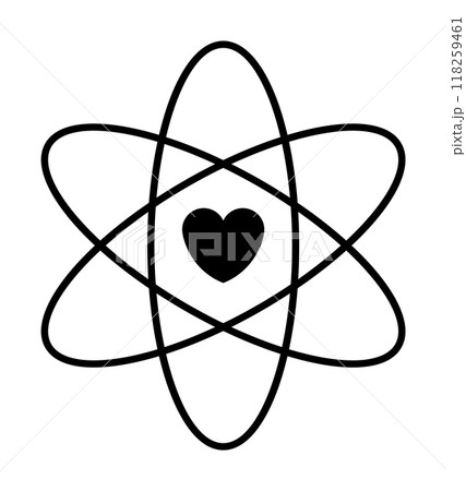 A heart at the center of an atomic symbol conveys unity of love and science. Ideal for educational materials, relationships, science-themed art, healthcare, and modern designs. Minimalist, black and w A heart at the center of an atomic symbol conveys unity of love and science. Ideal for educational materials, relationships, science-themed art, healthcare, and modern designs. Minimalist, black and w 118259461