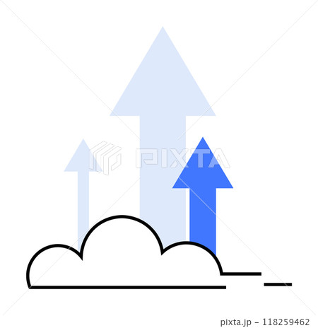 Arrows emerging from a cloud upwards in blue shades on white background. Ideal for business growth, progress, technology, success, and cloud computing themes. Minimalist style. 118259462