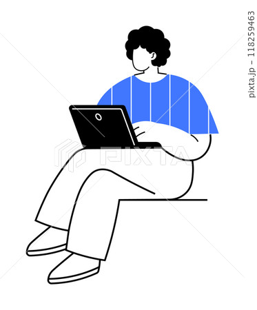 Person with curly hair and blue shirt using a laptop while sitting. Ideal for productivity, work from home, remote work, freelancer, digital workspace themes. Minimalistic outline style. Person with curly hair and blue shirt using a laptop while sitting. Ideal for productivity, work from home, remote work, freelancer, digital workspace themes. Minimalistic outline style. 118259463
