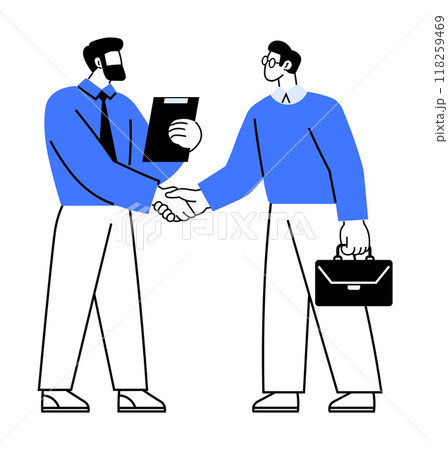 Two men shaking hands, one holding a clipboard, one with a briefcase. Ideal for business, partnership, collaboration, professionalism, and agreement. Minimalist vector style. Two men shaking hands, one holding a clipboard, one with a briefcase. Ideal for business, partnership, collaboration, professionalism, and agreement. Minimalist vector style. 118259469