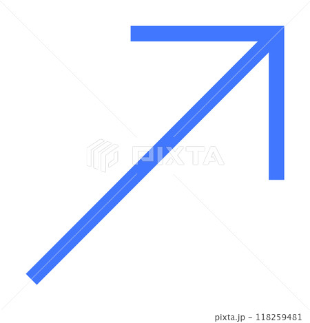 A blue arrow points diagonally upward to the right, representing growth, ascension, progress, achievement, and direction. Ideal for business, success, strategy, finance, and navigation. Simple vector 118259481