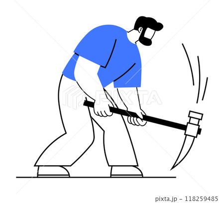 Cartoon-style worker with a beard wearing a blue shirt and white pants, engaged in hammering with a pickaxe. Ideal for construction, manual labor, strength, work ethic, perseverance. 118259485