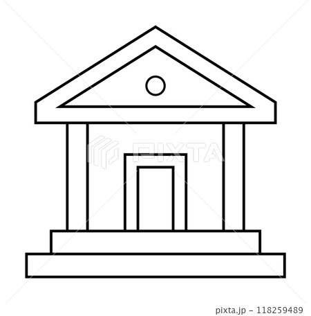 A black and white outline of a classical building with columns and a triangular roof above a central doorway. Ideal for educational materials, architecture topics, financial themes, legal-related cont A black and white outline of a classical building with columns and a triangular roof above a central doorway. Ideal for educational materials, architecture topics, financial themes, legal-related cont 118259489