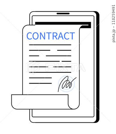 Tablet displaying signed contract, emphasizing digital agreements. Ideal for legal services, business deals, remote work, electronic signatures, and modern communication. Flat, clean outline. Tablet displaying signed contract, emphasizing digital agreements. Ideal for legal services, business deals, remote work, electronic signatures, and modern communication. Flat, clean outline. 118259491