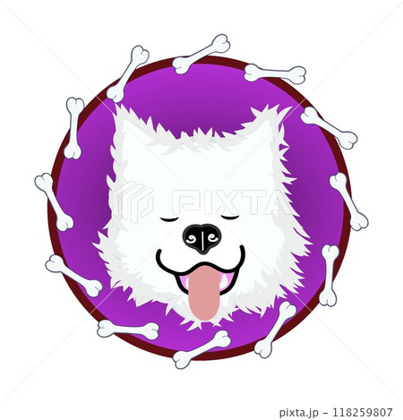 骨の円形飾り枠とサモエド犬のイラスト 骨の円形飾り枠とサモエド犬のイラスト 118259807