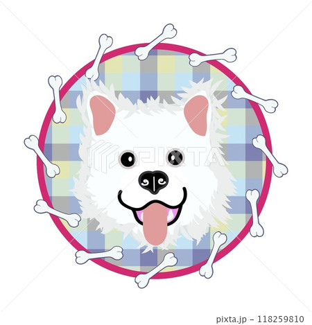 骨の円形飾り枠とサモエド犬のイラスト 骨の円形飾り枠とサモエド犬のイラスト 118259810