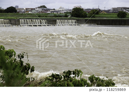 大雨で増水した多摩川 二ヶ領上河原堰堤と東京都狛江市の家並み 118259869