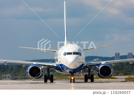 Close up image of passenger airplane on the runway Close up image of passenger airplane on the runway 118260037