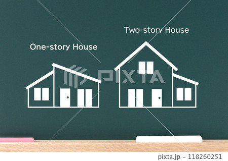 平屋住宅と二階建て住宅のイラストが描かれた黒板 118260251
