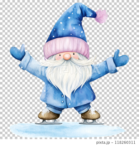 Cute Gnome santa claus playing ice skating with snow watercolor 118260311
