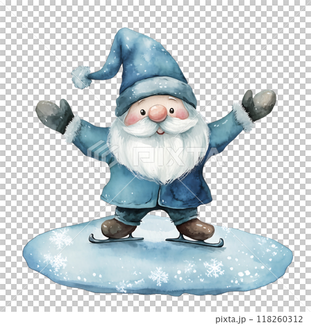 Cute Gnome santa claus playing ice skating with snow watercolor 118260312