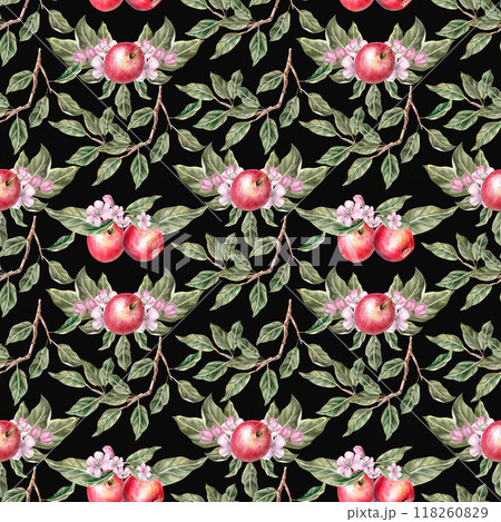Seamless pattern on black background with flowers and red apples. Isolated watercolor illustration in realistic style for farm natural products design, harvest, fabric printing Seamless pattern on black background with flowers and red apples. Isolated watercolor illustration in realistic style for farm natural products design, harvest, fabric printing 118260829