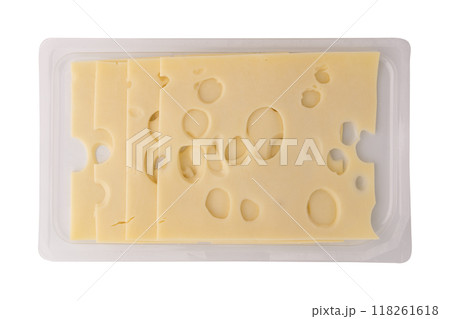 sliced cheese in plastic package isolated on white sliced cheese in plastic package isolated on white 118261618