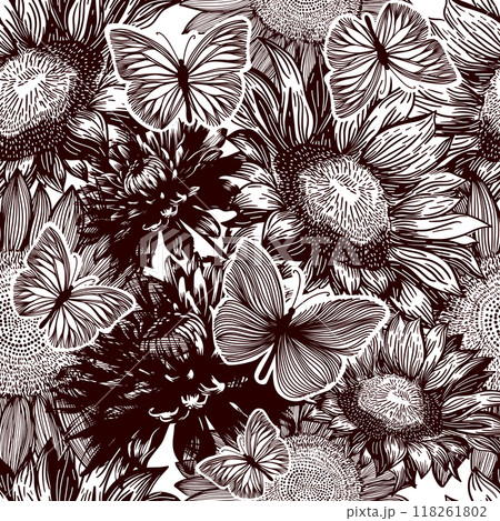 Seamless background brown graphic flowers and butterflies . hand drawing. Not AI, Vector illustration 118261802