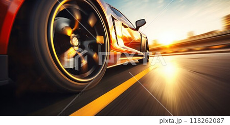 Speeding Sports Car Wheel Close-Up on Highway. Generative ai Speeding Sports Car Wheel Close-Up on Highway. Generative ai 118262087