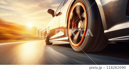 Speeding Sports Car Wheel Close-Up on Highway. Generative ai Speeding Sports Car Wheel Close-Up on Highway. Generative ai 118262090