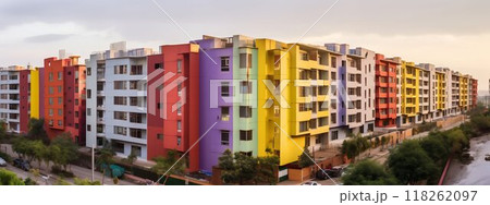 Modern Residential Complex: Multi-colored Facades under Overcast Sky. Generative ai 118262097