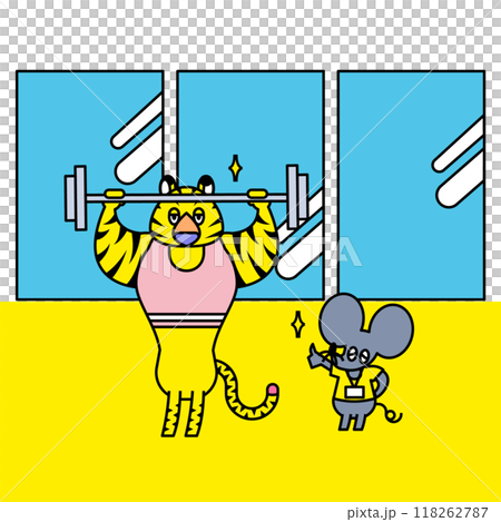 パーソナルジムで会員に正しいトレーニング指導するネズミさん 118262787