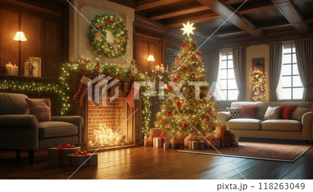 クリスマスツリーが飾られた大きな家の中 118263049