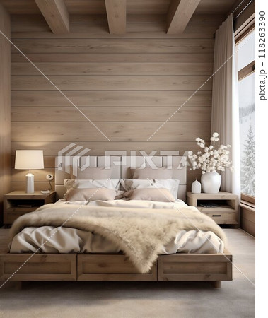Modern Farmhouse Bedroom with Wood Bedside Cabinet and Beamed Ceiling. Generative ai 118263390