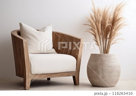 Minimalist Living Room: Beige Barrel Chair with Stump Table and Pampas Grass. Generative ai Minimalist Living Room: Beige Barrel Chair with Stump Table and Pampas Grass. Generative ai 118263410