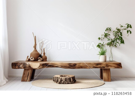 Rustic Boho Living Room: Wooden Slab Bench in Farmhouse Design. Generative ai 118263458