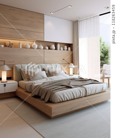 Spacious Bedroom: Cozy Bed, Wooden Wall Decor, and Large Window. Generative ai 118263459
