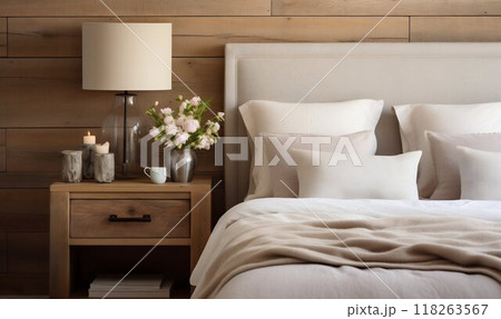 Modern Bedroom with Rustic Bedside Cabinet and Beige Pillows. Generative ai 118263567