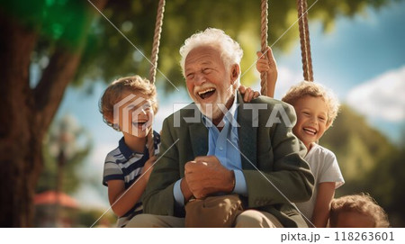Moments to Cherish: Grandfather's Joy with Grandchildren. Generative ai 118263601