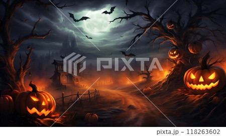 Moonlit Mischief: Halloween in the Pumpkin Patch. Generative ai 118263602