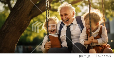 Moments to Cherish: Grandfather's Joy with Grandchildren. Generative ai 118263605