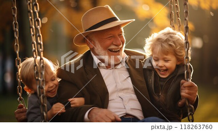 Moments to Cherish: Grandfather's Joy with Grandchildren. Generative ai 118263760