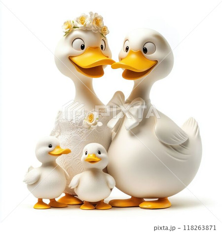 Wedding-themed duck family with ducklings in festive attire Wedding-themed duck family with ducklings in festive attire 118263871