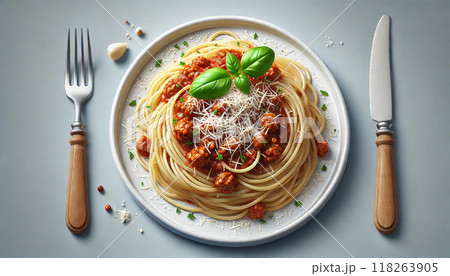 上から見たシンプルで美味しそうなミートソースパスタ 118263905