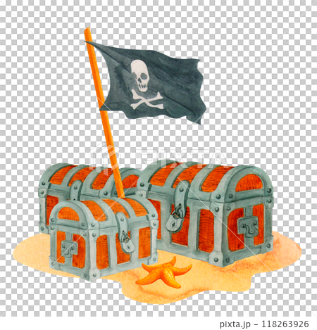Closed treasure chests under pirate black flag on sandy coast. Isolated watercolor composition of old chests on the sand for decoration of children parties, souvenirs or print design in pirate style 118263926